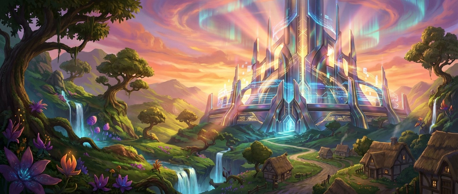 Paisaje de fantasía que fusiona naturaleza y tecnología con un castillo futurista brillante y un pueblo rústico. A la izquierda hay árboles grandes, cascadas y flora luminosa morada. A la derecha, casas con tejados de paja y un camino. El cielo crepuscular muestra tonos naranja y auroras boreales.