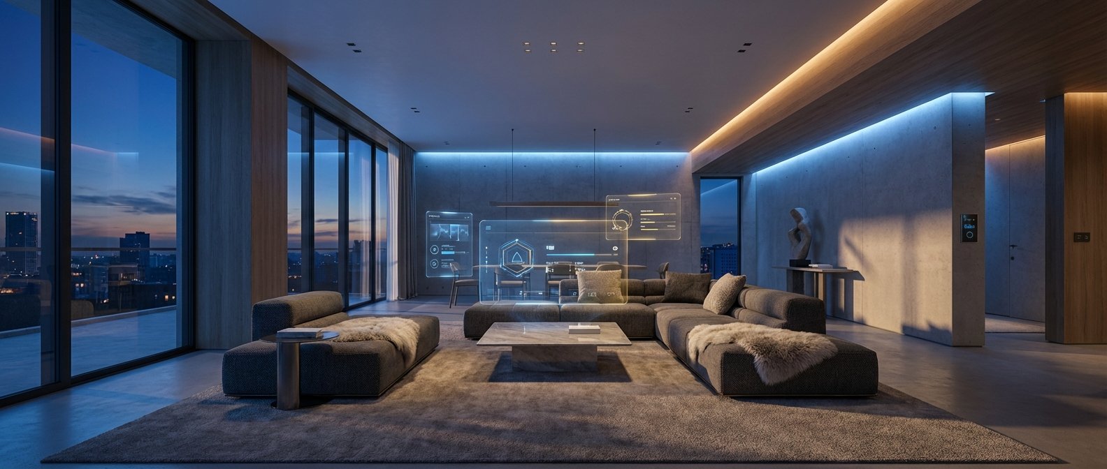 Salón moderno y lujoso con un gran sofá modular, mesa de centro de mármol y vistas a la ciudad al atardecer a través de grandes ventanales. La estancia cuenta con iluminación ambiental LED azul y cálida, y pantallas holográficas flotantes con interfaz de usuario futurista para el control del hogar inteligente.