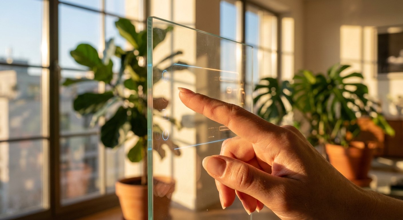Mano tocando una pantalla de cristal transparente con controles de interfaz de usuario luminosos, en un hogar soleado con plantas de interior y ventanas.