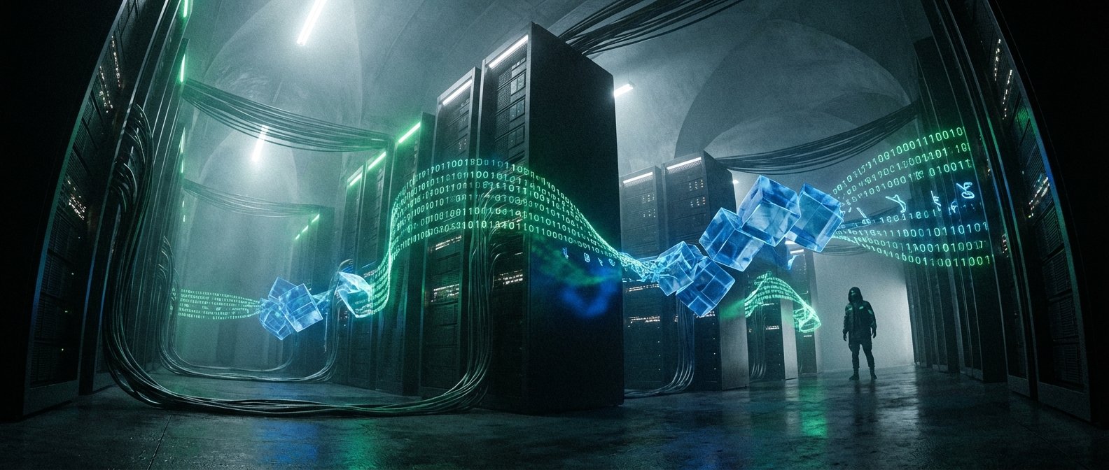 Una sala de servidores oscura con múltiples racks y cables, donde fluyen códigos binarios verdes luminosos y cubos azules translúcidos que representan datos. Una persona con un traje oscuro está de pie en el lado derecho.