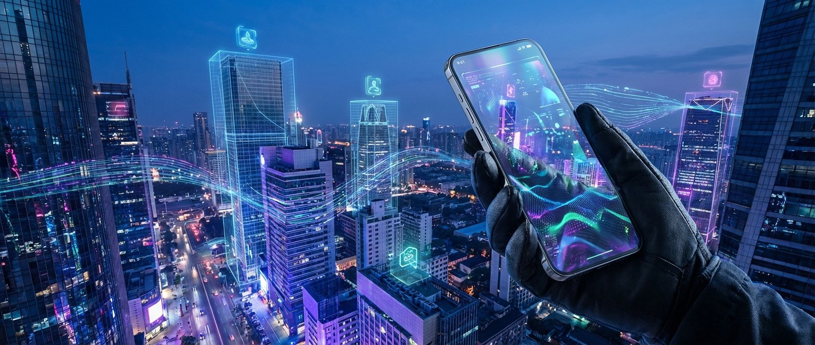 Vista aérea nocturna de una ciudad futurista con rascacielos conectados por líneas de datos digitales luminosas y que muestran iconos holográficos. Una mano enguantada sostiene un smartphone con una interfaz digital vibrante.