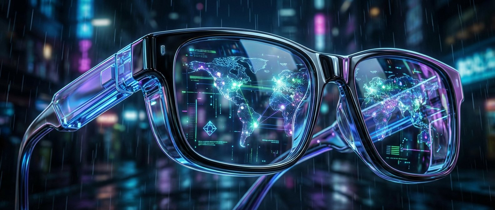 Gafas de realidad aumentada con un mapa mundial holográfico interactivo y datos digitales de red, sobre un fondo borroso de ciudad futurista bajo la lluvia.