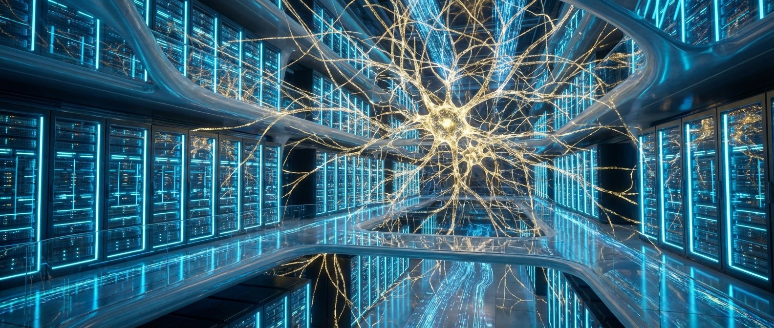 Un centro de datos futurista con filas de racks de servidores iluminados en azul brillante y una gran estructura central luminosa en forma de red neuronal o sinapsis de color amarillo dorado, todo reflejado en el suelo.} {