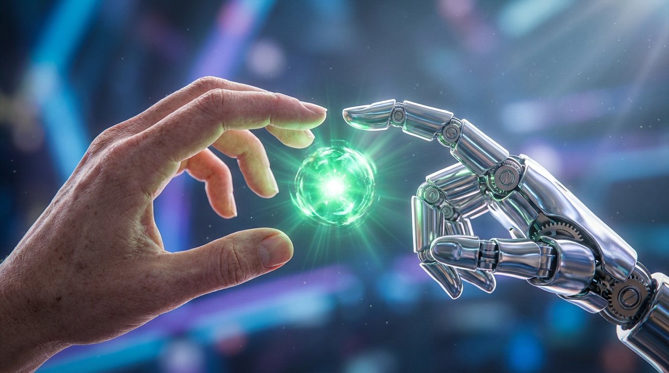 Mano humana y mano robótica tocando una esfera de energía verde brillante en un fondo tecnológico.