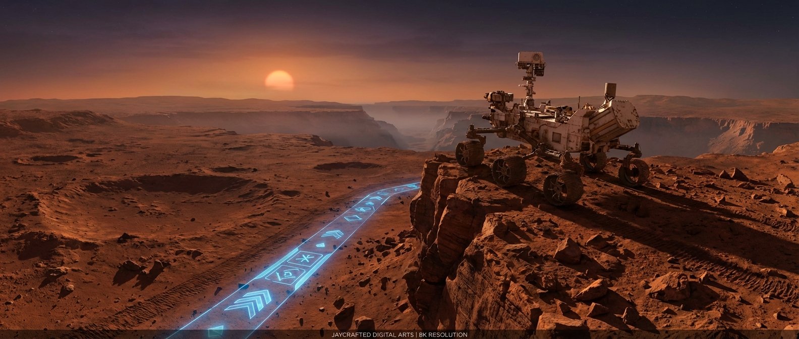 Un rover de exploración espacial en el borde de un acantilado rocoso en Marte, con un camino de navegación azul brillante que se extiende por el terreno rojizo. Un gran sol naranja se asoma en el horizonte bajo un cielo crepuscular marciano, revelando vastos cañones en la distancia.
