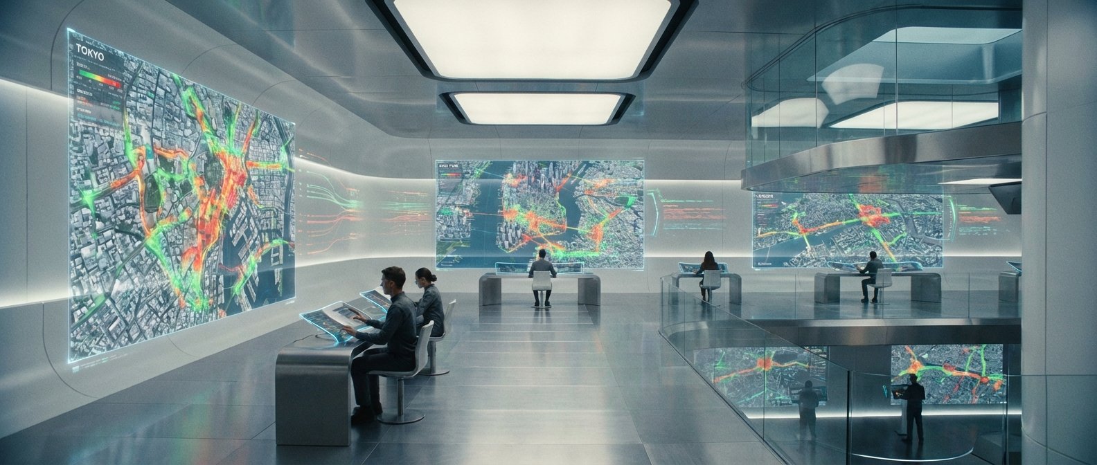 Sala de control futurista con múltiples pantallas transparentes mostrando mapas de ciudades como Tokio, Londres y Nueva York con datos de tráfico en tiempo real, donde varias personas trabajan en estaciones de trabajo interactivas.