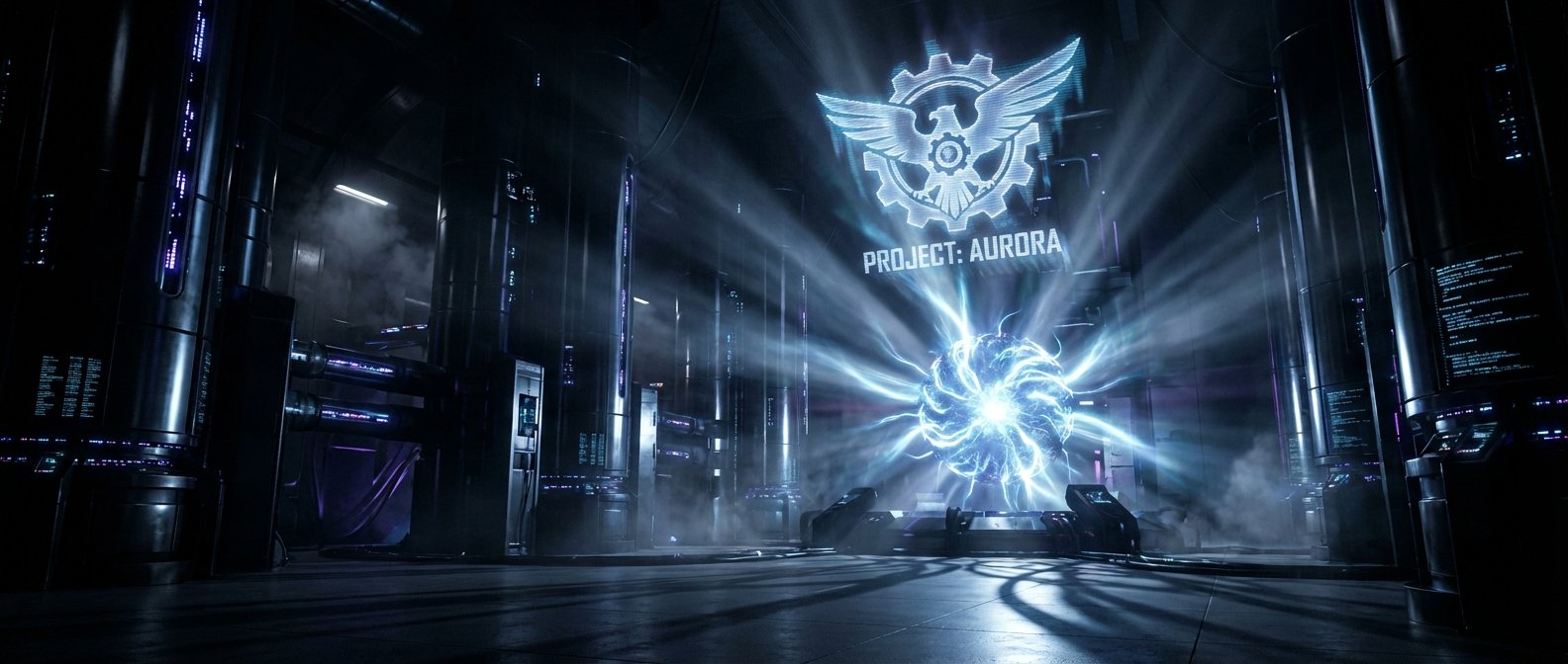 Laboratorio futurista oscuro con una esfera de energía azul brillante en el centro y la proyección holográfica