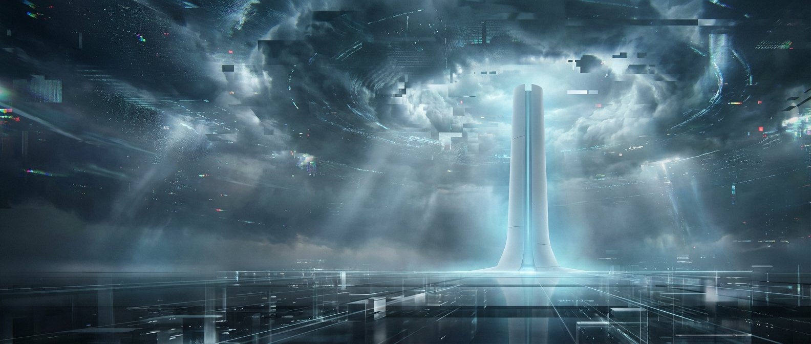 Una imponente torre blanca y luminosa se alza en un paisaje digital futurista con un suelo reflectante cuadriculado y un cielo oscuro y tormentoso con efectos de glitch y puntos de luz.} {