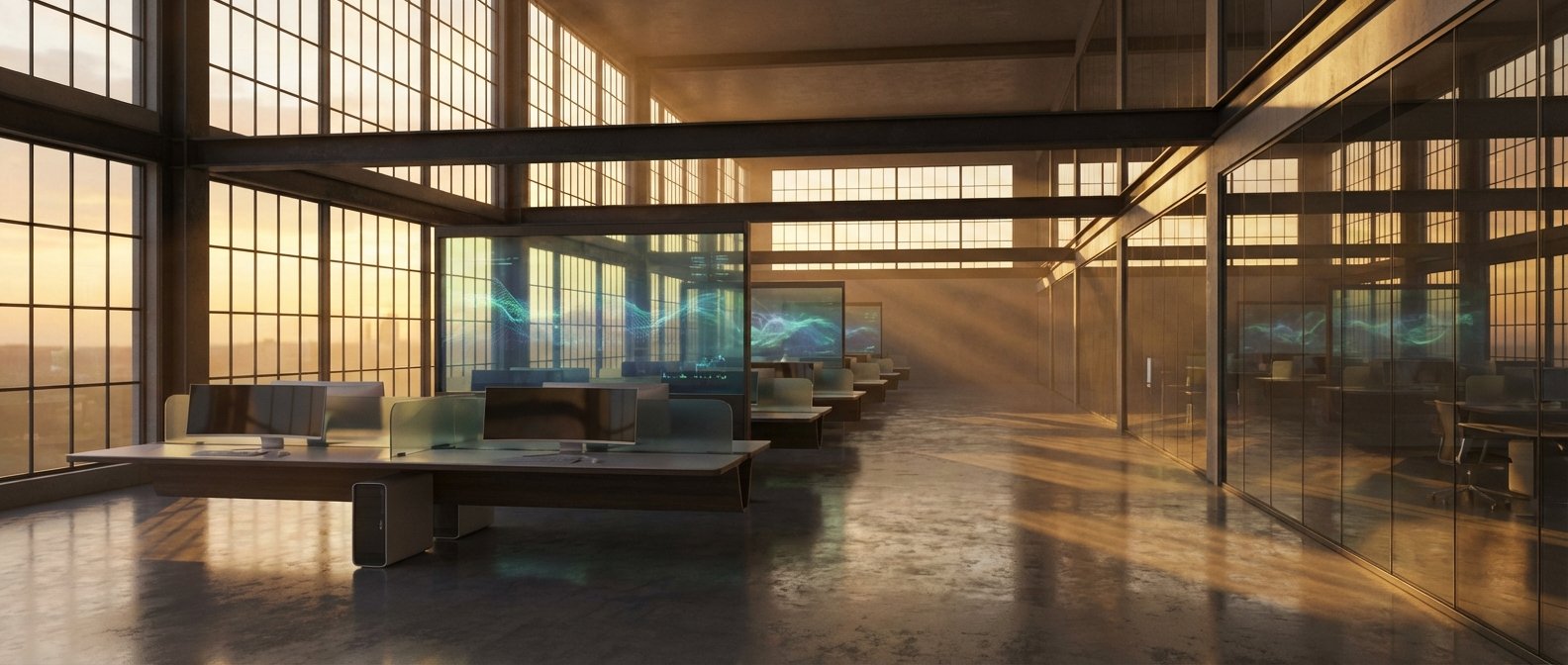 Una oficina moderna con grandes ventanales que dejan entrar la luz del atardecer, escritorios equipados con computadoras y divisores de cristal, y pantallas transparentes que muestran gráficos de datos. El suelo de hormigón refleja la luz cálida.