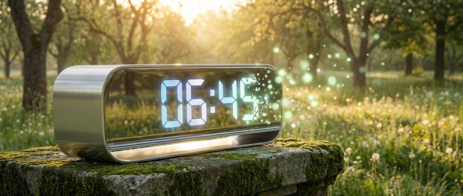 Reloj despertador digital moderno mostrando las 06:45, sobre una base de piedra con musgo, en un paisaje natural soleado con árboles y partículas luminosas.