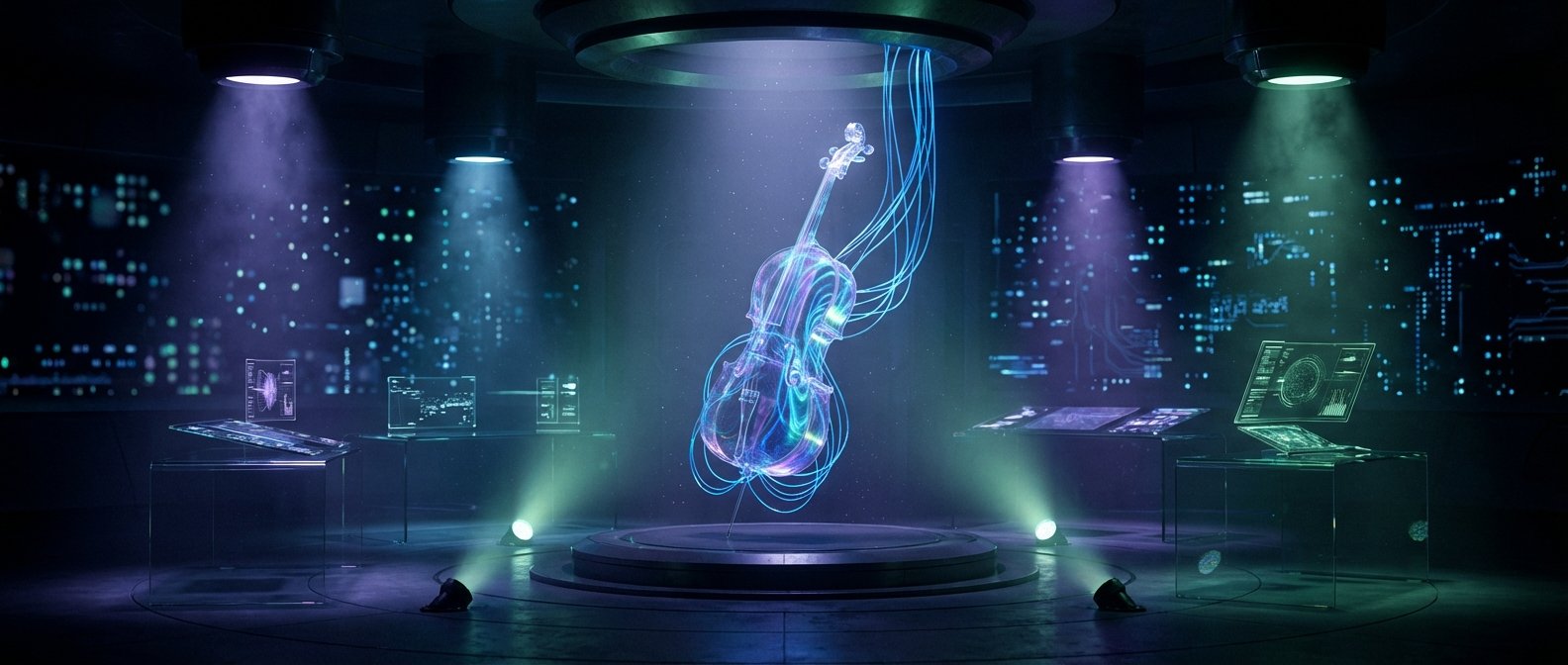 Violín holográfico brillante de luz azul y púrpura en el centro de una sala tecnológica oscura. Hay pantallas transparentes con datos y circuitos luminosos en las paredes.