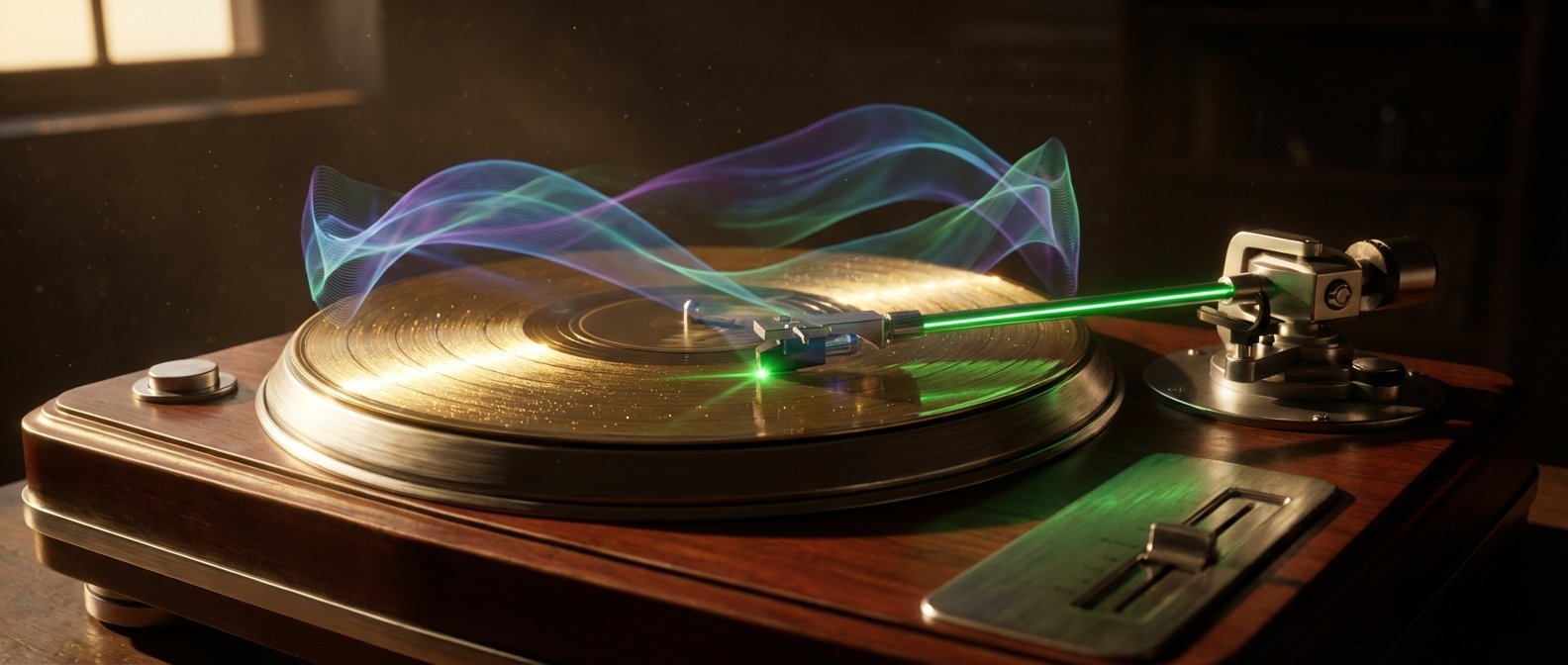 Tocadiscos vintage de madera con un disco de vinilo dorado, un rayo láser verde en la aguja y ondas de luz azul y violeta flotando sobre él.