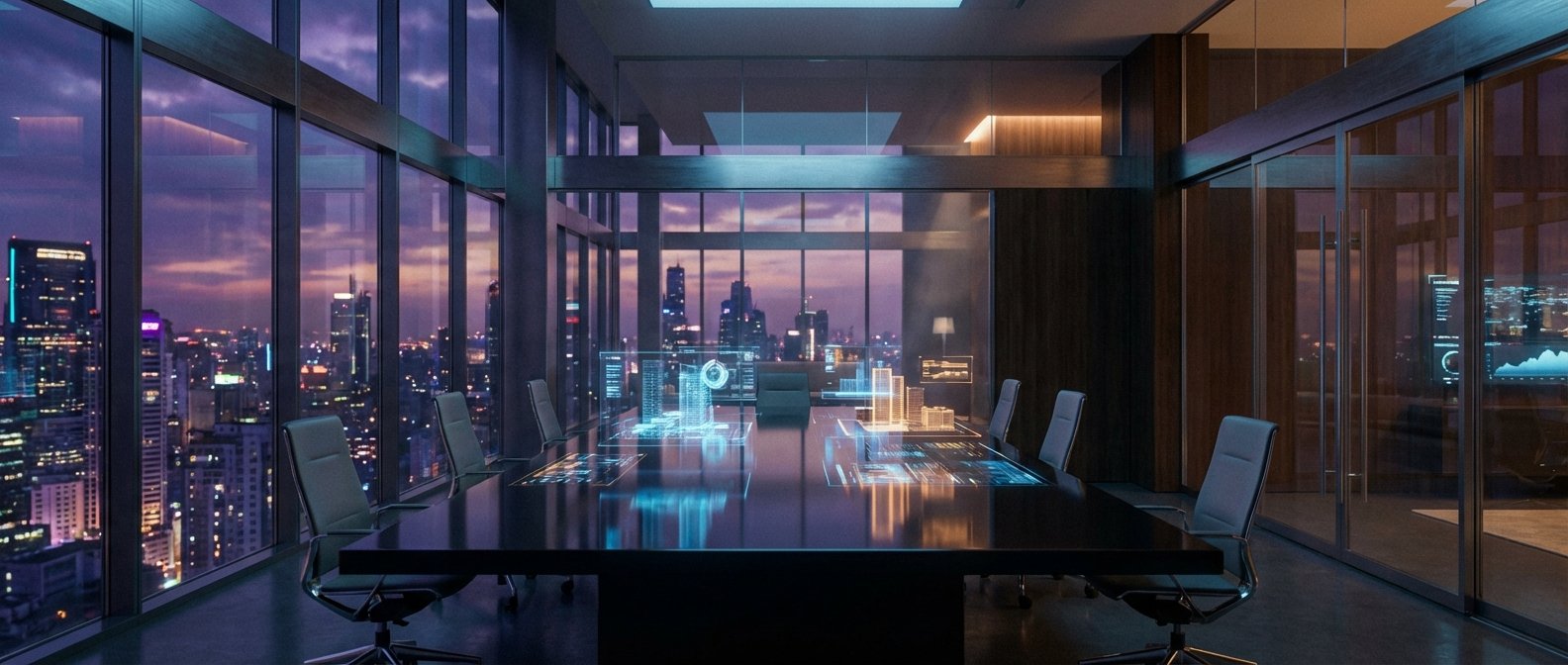 Sala de reuniones moderna y de lujo con ventanales que ofrecen vistas a un skyline urbano iluminado al anochecer. La mesa de conferencias negra tiene proyecciones holográficas interactivas mostrando datos y modelos arquitectónicos en 3D. Sillas de oficina grises rodean la mesa, y una pared de cristal a la derecha revela más pantallas tecnológicas.