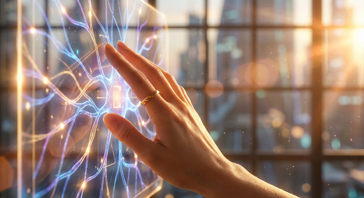 Mano con anillo de oro tocando una pantalla transparente que muestra una compleja red neuronal digital brillante con luces azules y naranjas, y un fondo urbano borroso al atardecer.