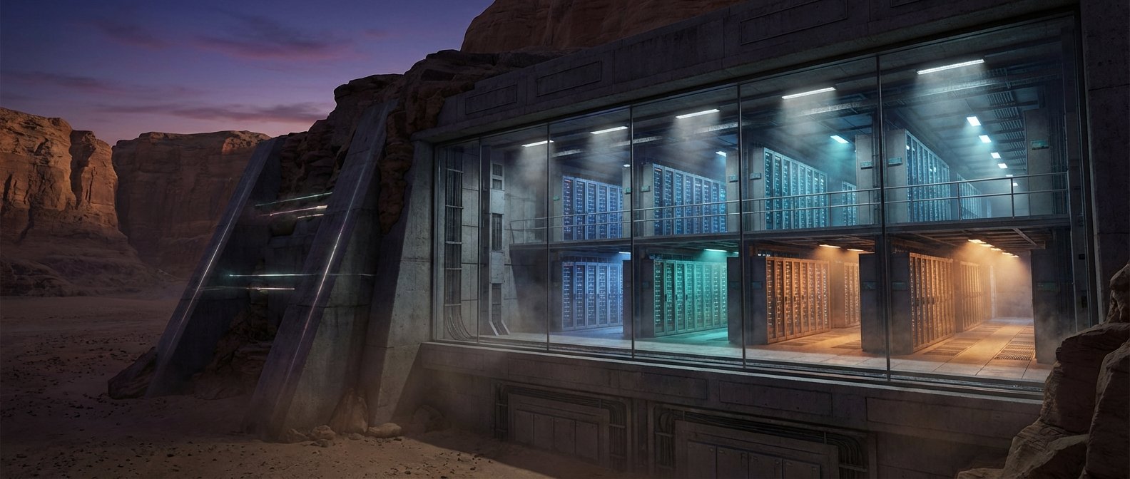 Un centro de datos moderno con grandes ventanales que muestran múltiples filas de servidores iluminados en tonos azules, verdes y naranjas, integrado en una estructura de hormigón junto a acantilados rocosos en un paisaje desértico al atardecer.