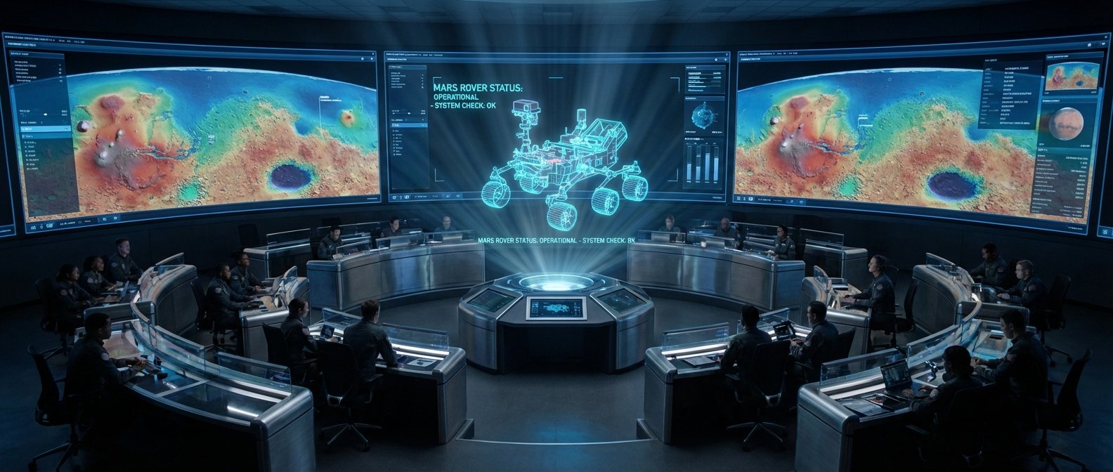 Sala de control de misión espacial con una gran pantalla curva mostrando un mapa topográfico de Marte. En el centro, un holograma azul muestra un rover marciano y su estado 'OPERACIONAL'. Varias personas con uniformes trabajan en consolas futuristas.