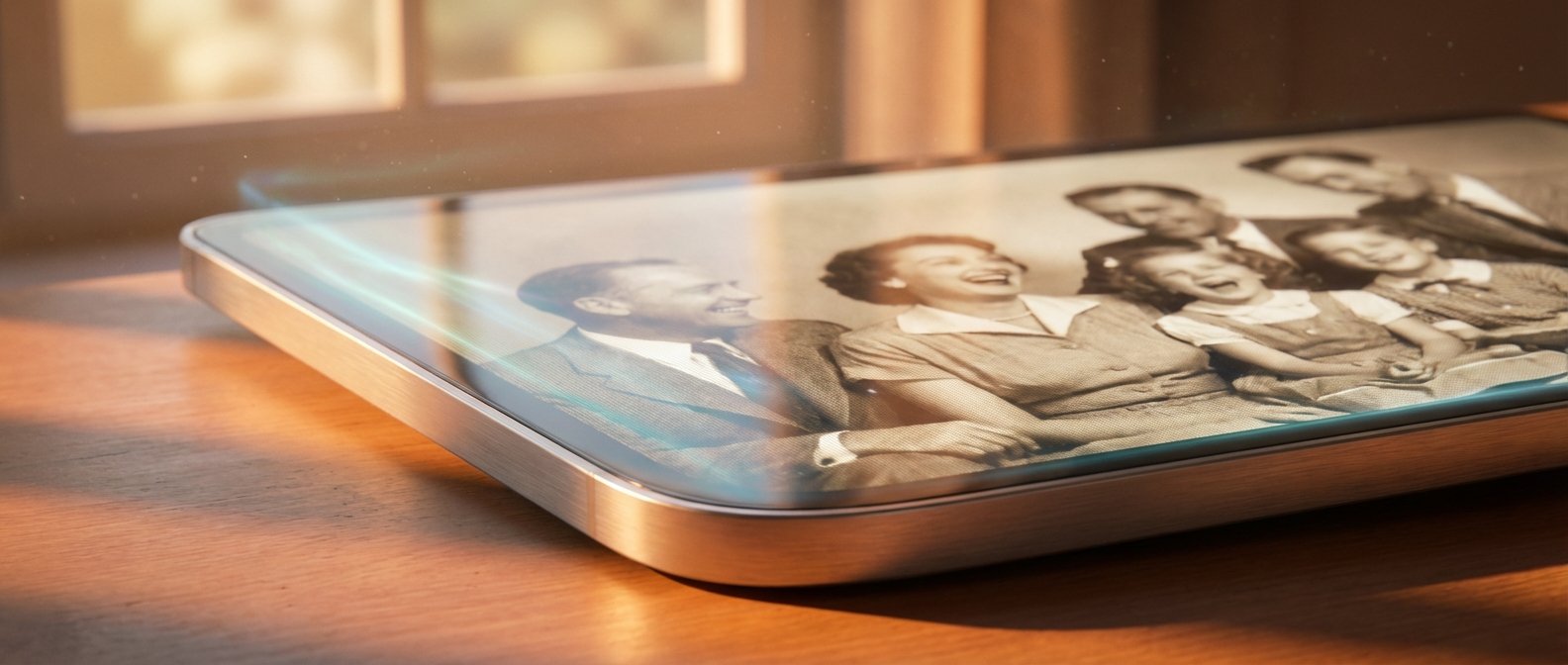 Dispositivo digital moderno con pantalla que muestra una foto familiar antigua en blanco y negro, donde una familia de cuatro ríe alegremente. El aparato está sobre una mesa de madera con luz solar y efectos de luz azul.