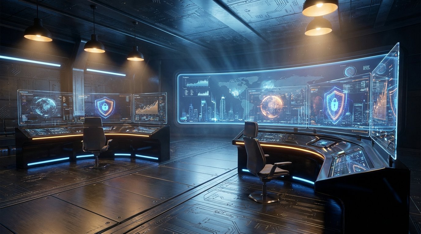 Una sala de control futurista con dos estaciones de trabajo, cada una con pantallas curvas y transparentes que muestran mapas mundiales, gráficos de datos y símbolos de ciberseguridad. La habitación tiene un diseño industrial con paredes metálicas, suelo brillante con patrones de circuitos y está iluminada con luces colgantes cálidas y detalles LED azules y naranjas.