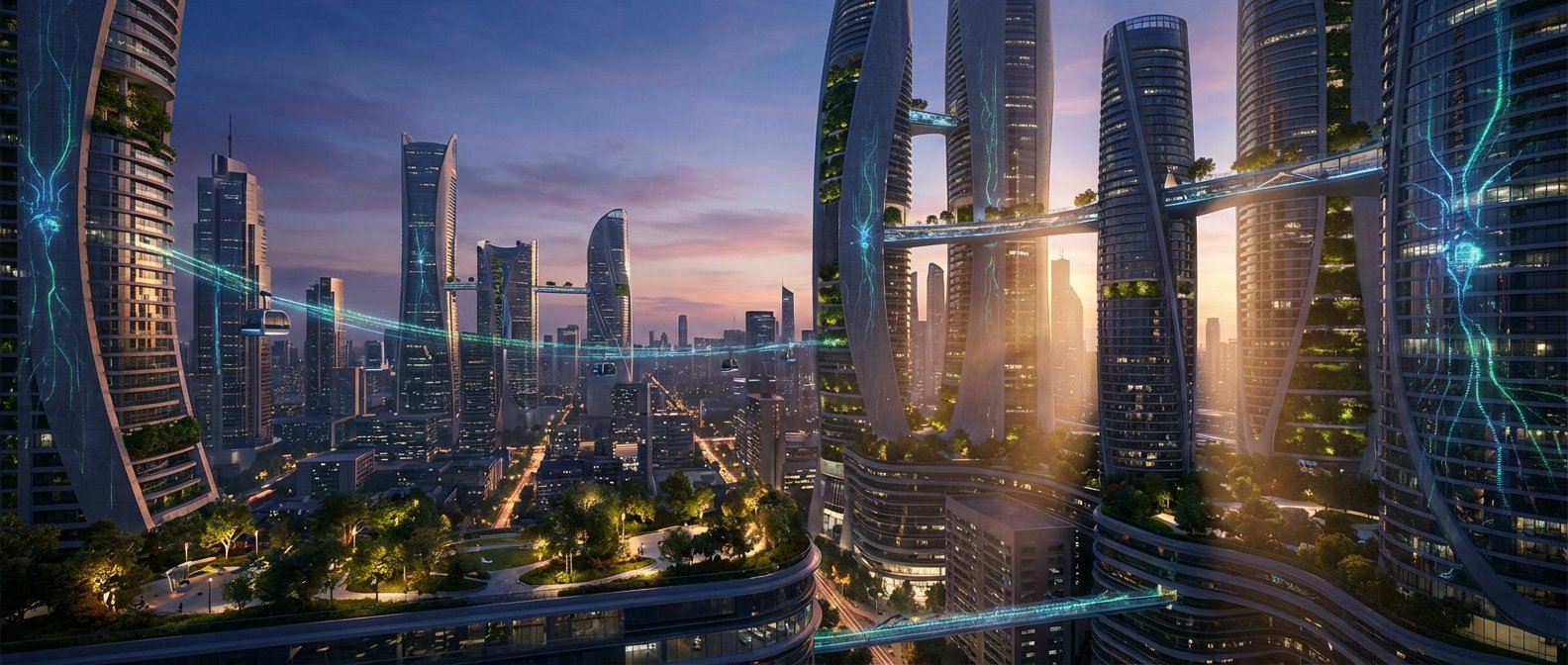 Una ciudad futurista al anochecer, con rascacielos de diseño moderno y sostenible que incluyen jardines verticales. Varios edificios están conectados por puentes peatonales y un sistema de transporte aéreo con cápsulas que se desplazan sobre vías luminosas. Líneas de energía o datos azules y verdes fluyen por las fachadas de los edificios y las pasarelas. En la parte inferior, se observa un parque urbano bien iluminado.