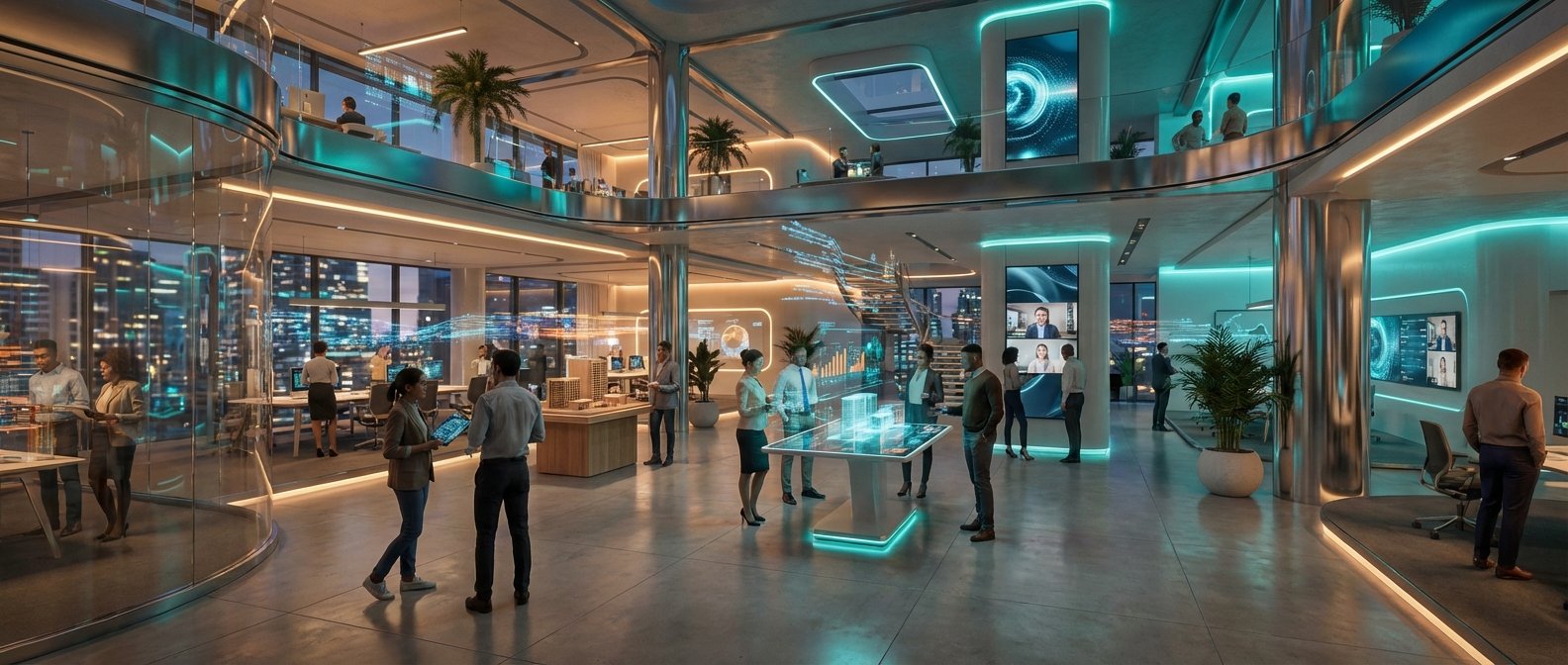 Interior de una oficina futurista de dos niveles con un diseño moderno, iluminada con luces LED azules y naranjas. Varias personas interactúan con pantallas holográficas, mesas interactivas y grandes monitores que muestran gráficos y videollamadas. El espacio cuenta con zonas de trabajo, áreas de colaboración y una escalera, con vistas a un paisaje urbano nocturno.