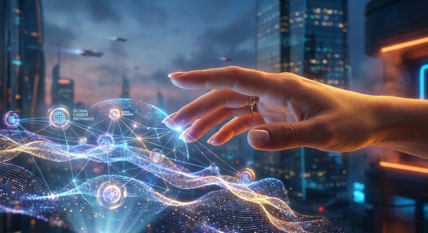 Mano de mujer tocando una proyección holográfica interactiva que muestra