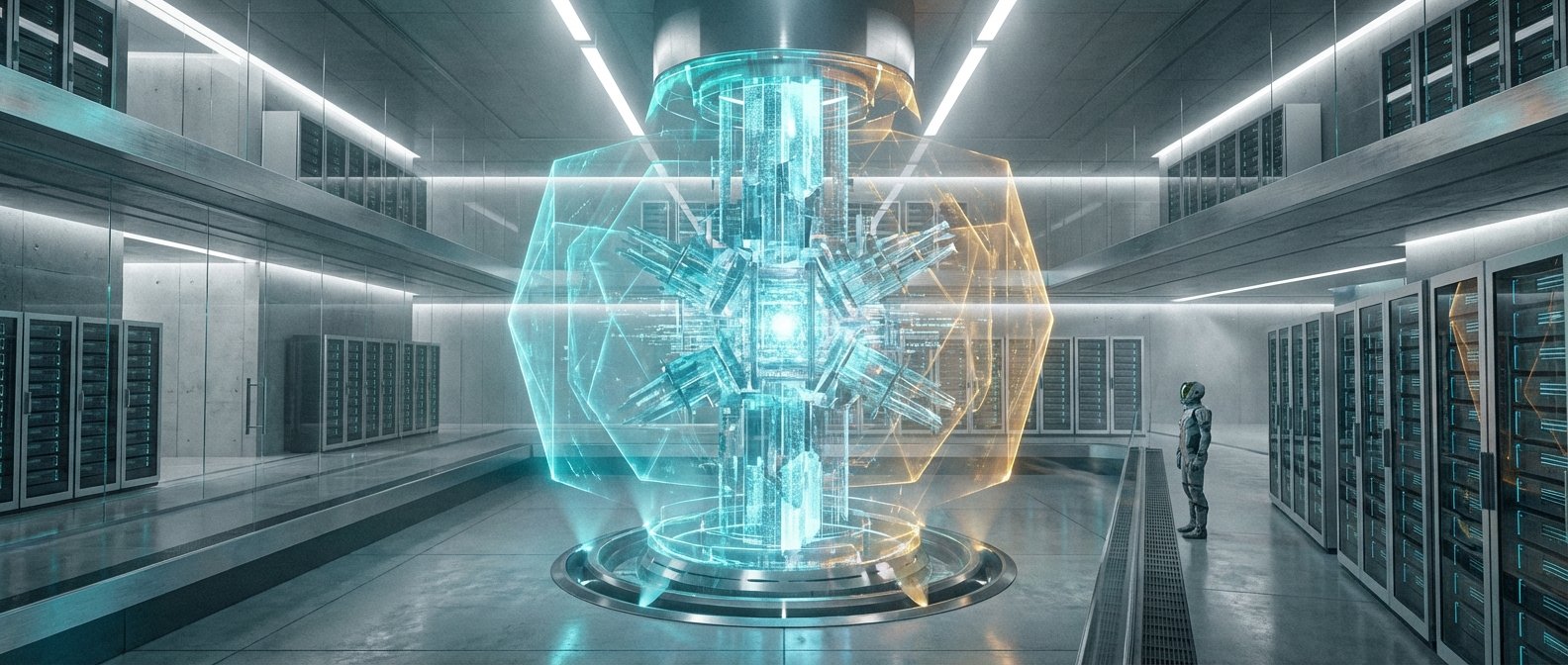 Un moderno centro de datos futurista con una gran estructura central holográfica que emite luces azules y naranjas. La sala está equipada con numerosas filas de gabinetes de servidores en varios niveles, algunos detrás de paneles de vidrio. Una persona con un traje futurista está de pie a la derecha, observando la estructura.