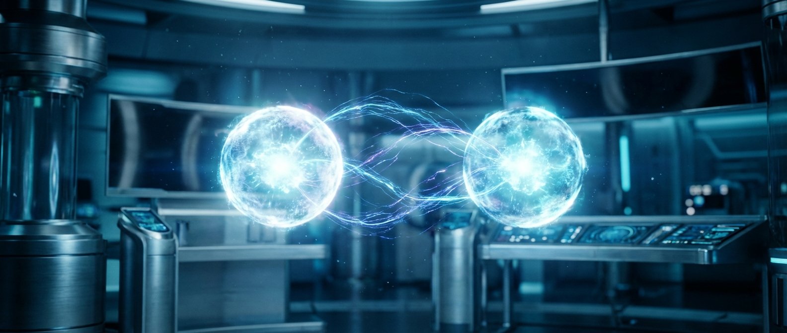 Dos esferas de energía luminosa azul y blanca, conectadas por intrincados arcos eléctricos, se encuentran en el centro de un laboratorio futurista con paneles de control, monitores y equipamiento metálico.