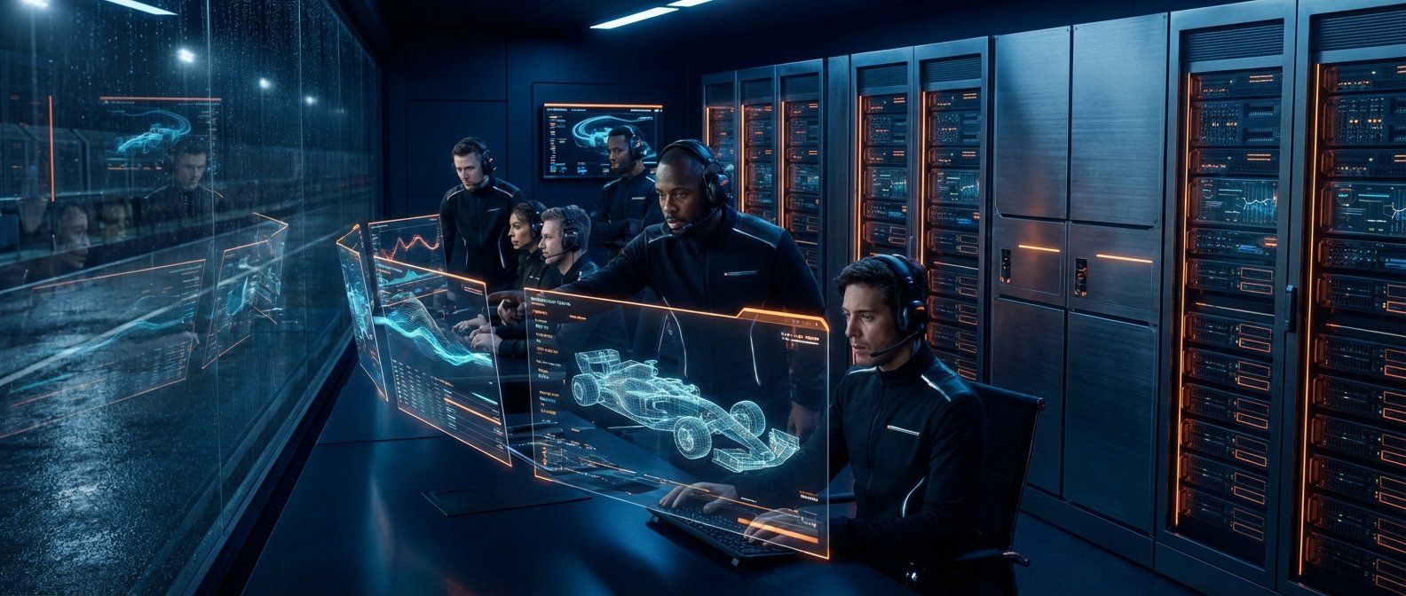 Equipo de ingenieros y analistas con auriculares monitoreando datos de carreras en pantallas transparentes holográficas, mostrando un coche de Fórmula 1 en 3D, dentro de un centro de control con racks de servidores iluminados y una ventana con lluvia.