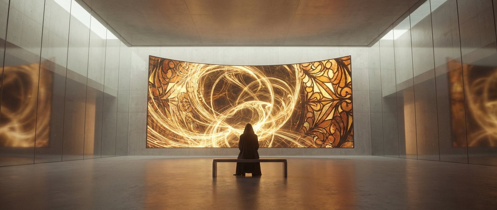 Una figura encapuchada sentada en un banco en una galería moderna, contemplando una gran pantalla curva que muestra arte abstracto de luz dorada y patrones ornamentales, reflejado en el suelo y paredes de cristal.