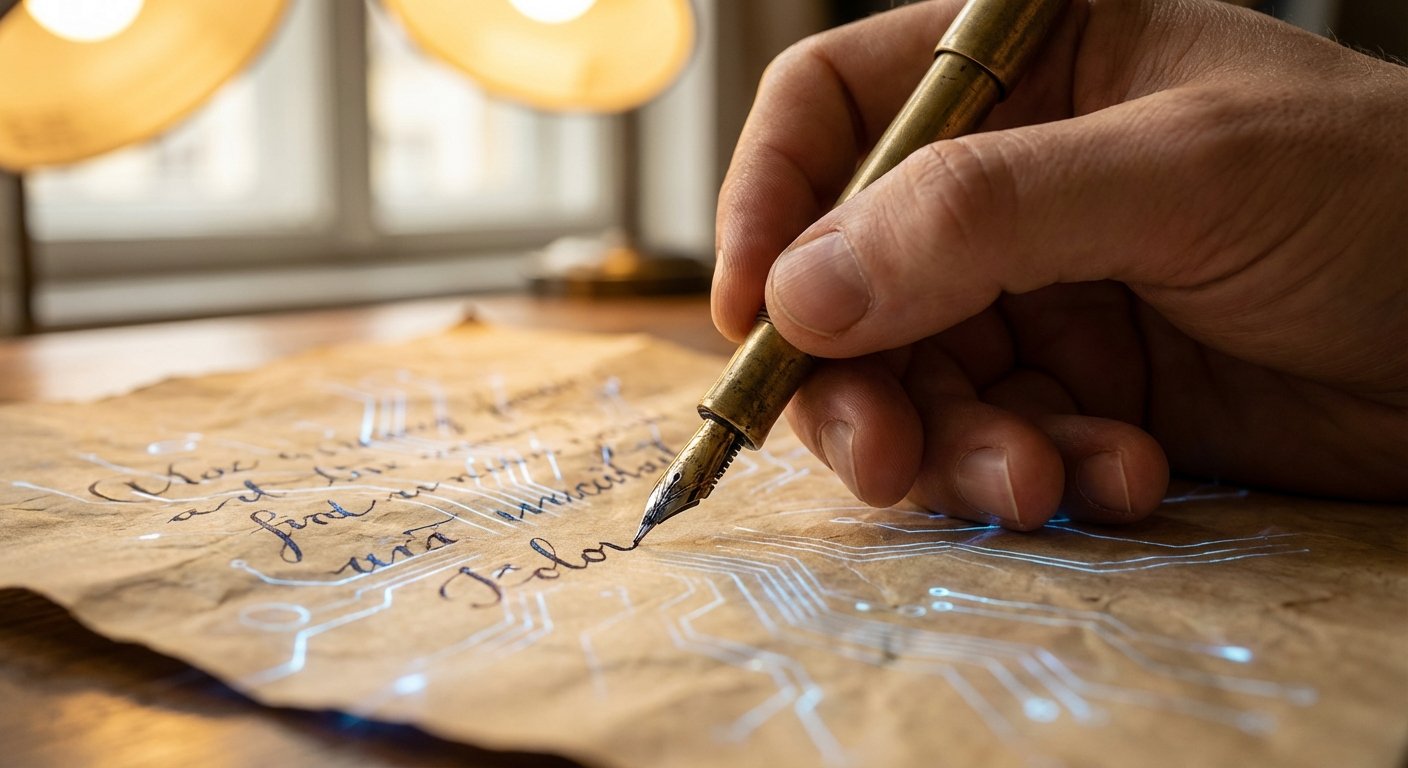 Una mano escribe con una pluma estilográfica antigua sobre un papel arrugado con caligrafía en tinta azul. El papel también presenta patrones luminosos de circuitos electrónicos de color azul que se entremezclan con el texto.