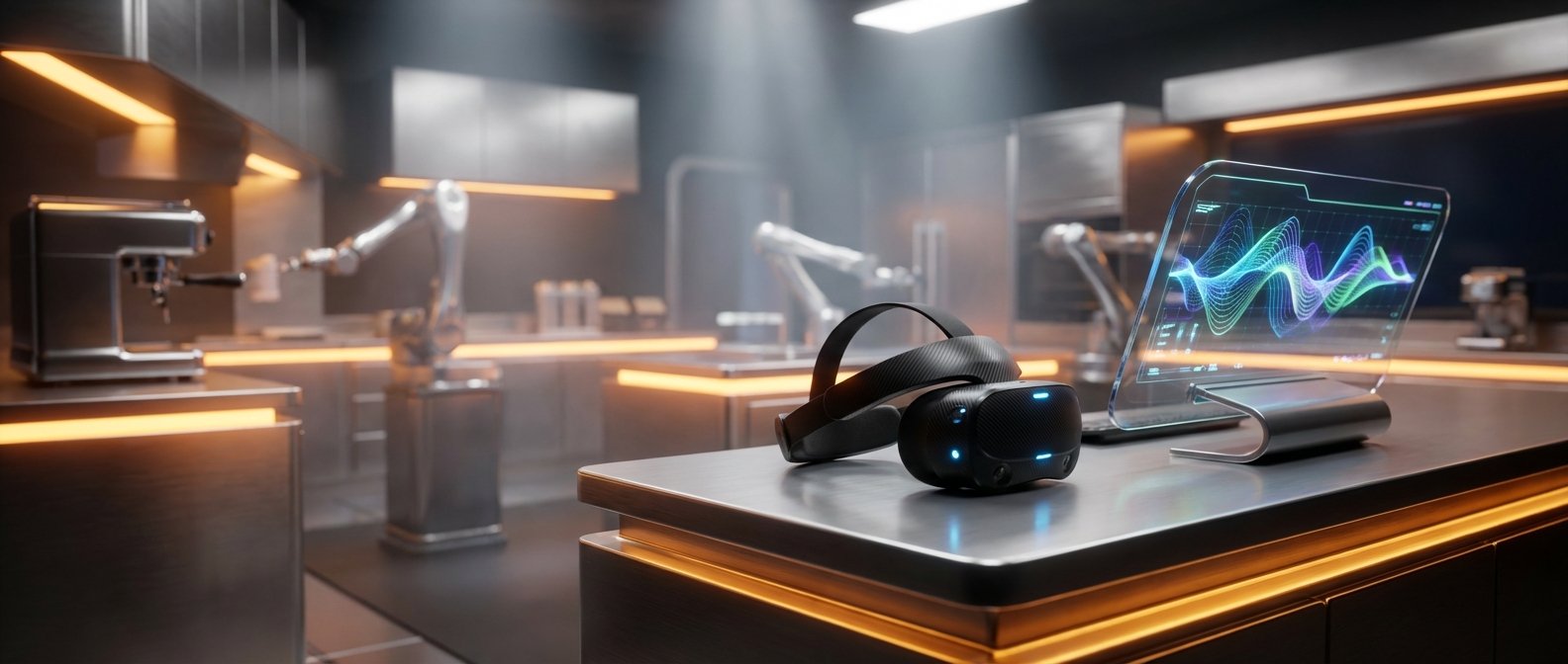 Un casco de realidad virtual negro con luces azules y una tableta holográfica que muestra un gráfico de ondas de colores sobre una encimera metálica. Al fondo, se aprecian brazos robóticos en una cocina futurista equipada con una cafetera espresso y luces LED naranjas.} {