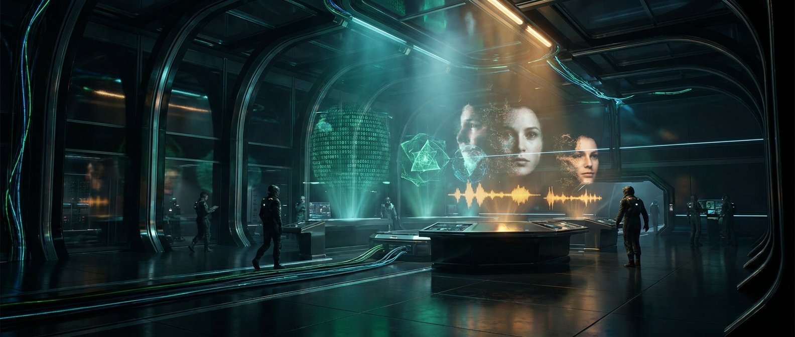 Sala de control futurista con varias personas en trajes oscuros observando pantallas holográficas que muestran código binario, rostros y ondas de sonido.