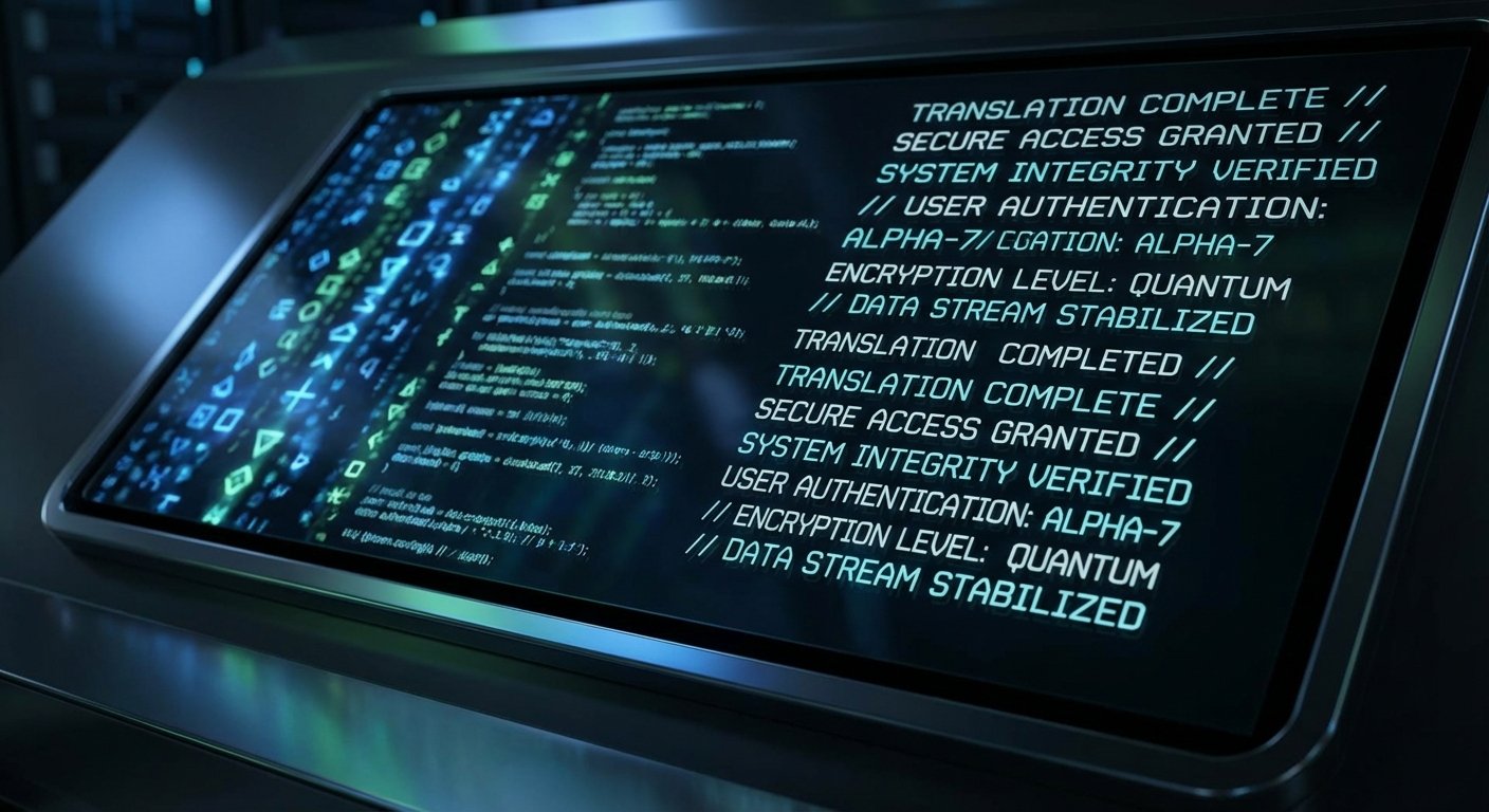 Pantalla digital futurista con un flujo de código en caracteres luminosos azules y verdes a la izquierda, y mensajes de estado del sistema en verde brillante a la derecha, incluyendo 'Acceso seguro concedido', 'Autenticación de usuario Alpha-7' y 'Nivel de encriptación: Cuántico'.