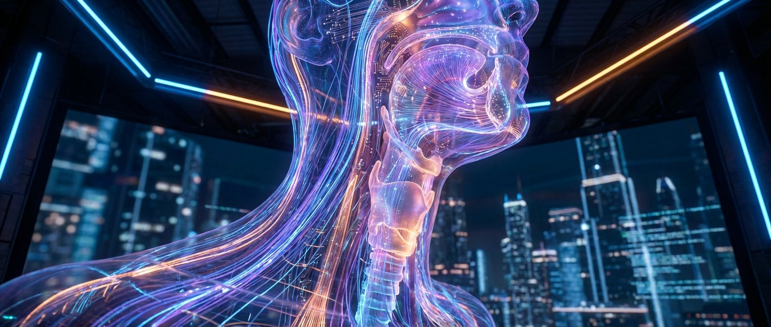 Visualización digital y futurista de la anatomía de la garganta y las vías respiratorias, compuesta por líneas y puntos luminosos en tonos azules, púrpuras y naranjas. En el fondo, se observan rascacielos iluminados de una ciudad nocturna desenfocada y barras de luz de neón azules y naranjas.