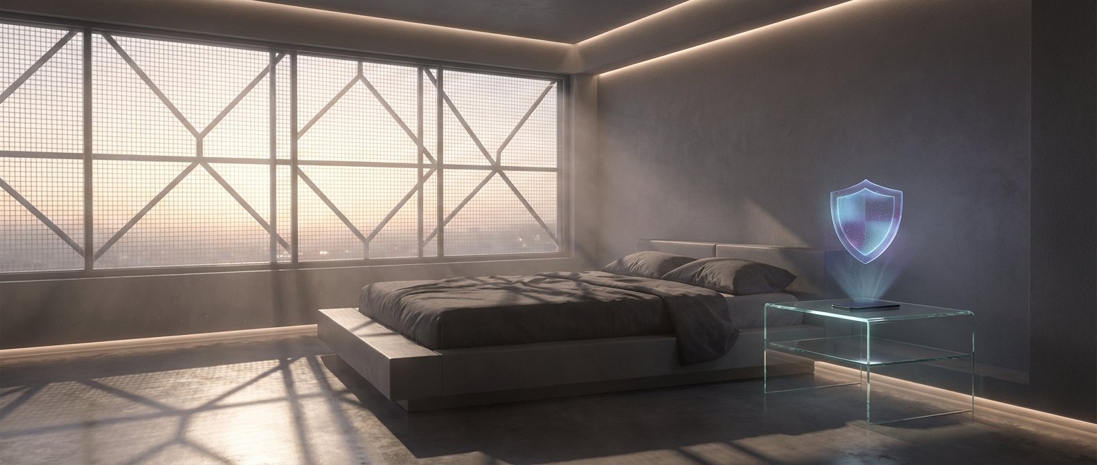 Dormitorio moderno con una cama de plataforma y sábanas grises, una mesa auxiliar de cristal con una tableta que proyecta un holograma de un escudo de seguridad azul. Una gran ventana con rejilla metálica muestra el atardecer y proyecta sombras geométricas en el suelo, con iluminación ambiental sutil.} {