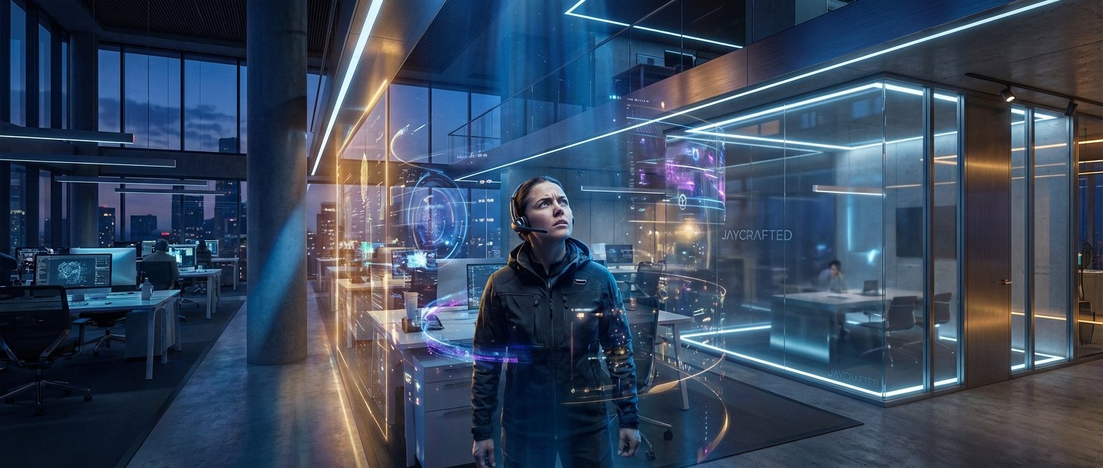 Una mujer con auriculares de diadema mira hacia arriba, concentrada en proyecciones holográficas y datos flotantes en una oficina moderna al anochecer. El entorno de alta tecnología muestra gráficos azules y naranjas, con grandes ventanales que ofrecen vistas a la ciudad y otras estaciones de trabajo en el fondo.