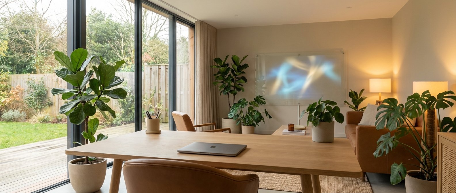 Un moderno despacho o sala de estar con un gran escritorio de madera, sillas de cuero, plantas de interior y ventanales con vistas a un jardín. Incluye un portátil sobre el escritorio, sofás y lámparas de ambiente.