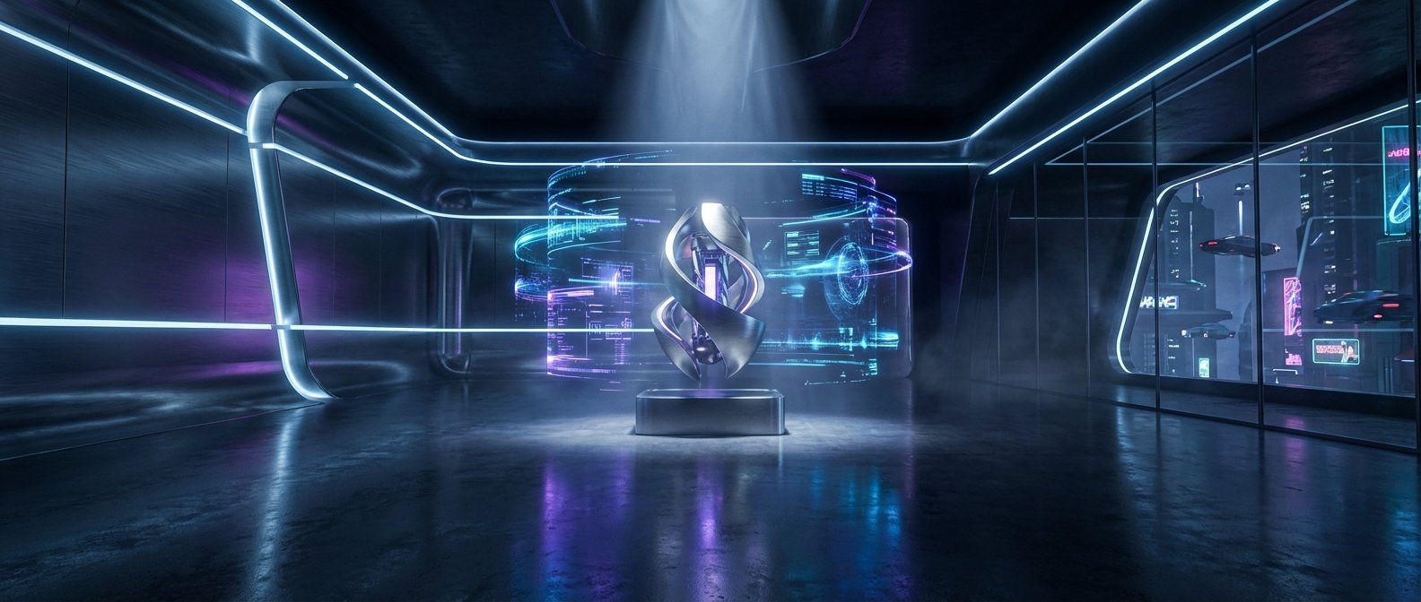 Sala futurista oscura con iluminación de neón azul y morada. En el centro, un objeto escultórico metálico sobre un pedestal está rodeado de pantallas holográficas con información y gráficos dinámicos. A la derecha, una ventana muestra una ciudad futurista con edificios altos y vehículos voladores. El suelo es reflectante.