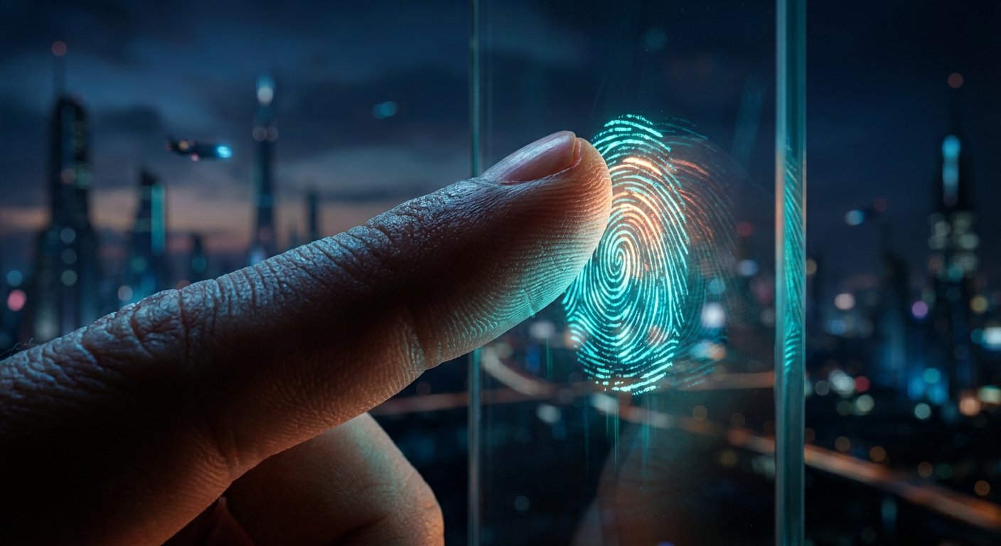 Un dedo presiona una superficie de cristal que muestra una huella dactilar digital brillante en tonos azules y naranjas, con un fondo de ciudad futurista iluminada al anochecer.