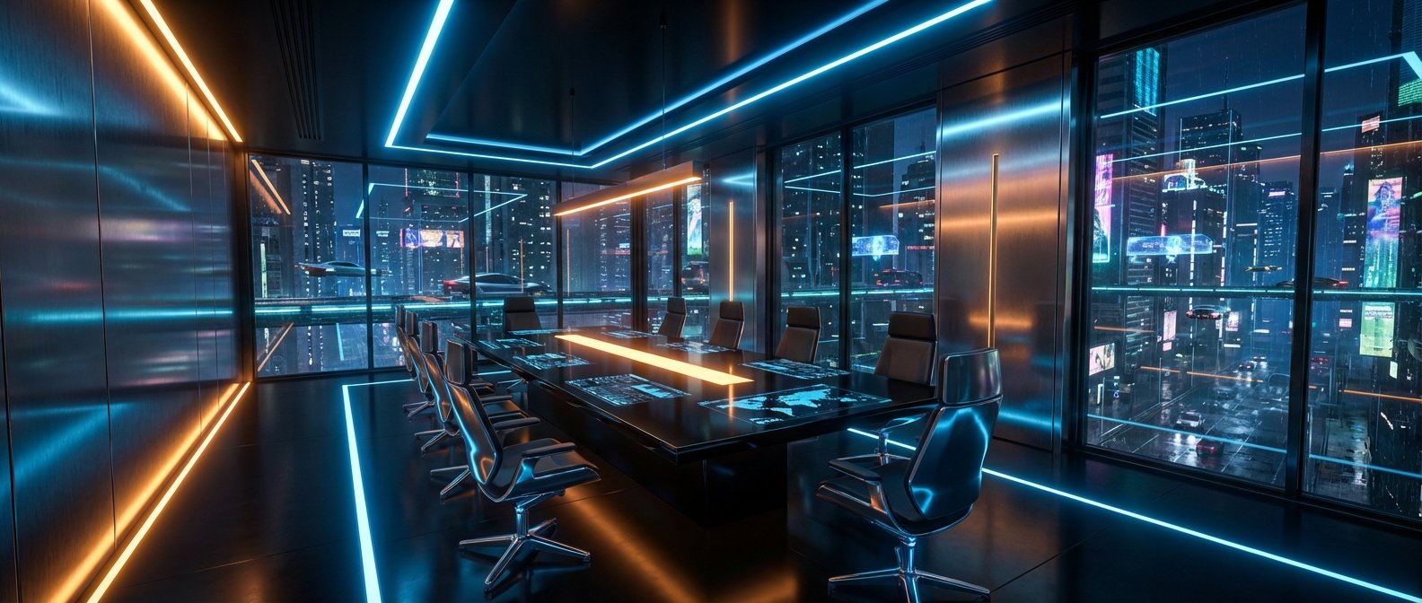 Sala de reuniones futurista con iluminación de neón azul y naranja, mesa interactiva con pantallas y sillas modernas. Las grandes ventanas muestran una ciudad nocturna de estilo cyberpunk con edificios iluminados y vehículos voladores.