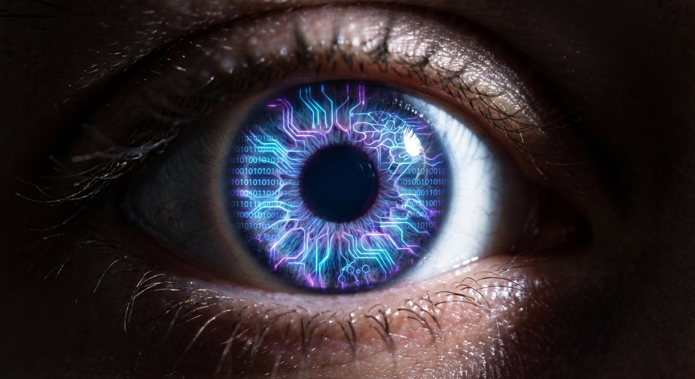 Primer plano de un ojo humano con el iris que muestra patrones de circuitos digitales luminosos en tonos azules y morados, y flujos de código binario.