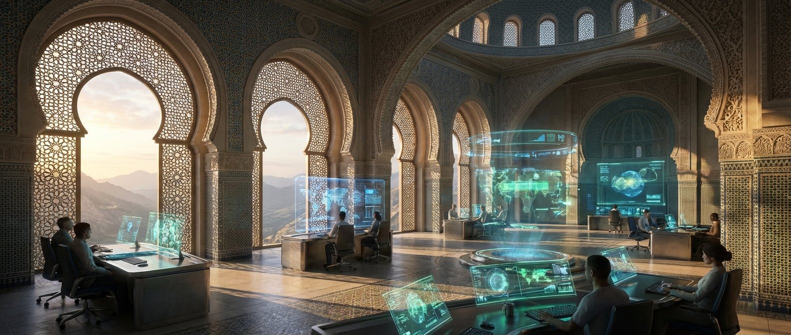 Gran sala con arquitectura de estilo islámico, que incluye arcos detallados y mosaicos, donde varias personas trabajan con pantallas holográficas transparentes y una gran proyección central de un mapa mundial. Las amplias ventanas arqueadas ofrecen vistas a un paisaje montañoso iluminado por el sol.