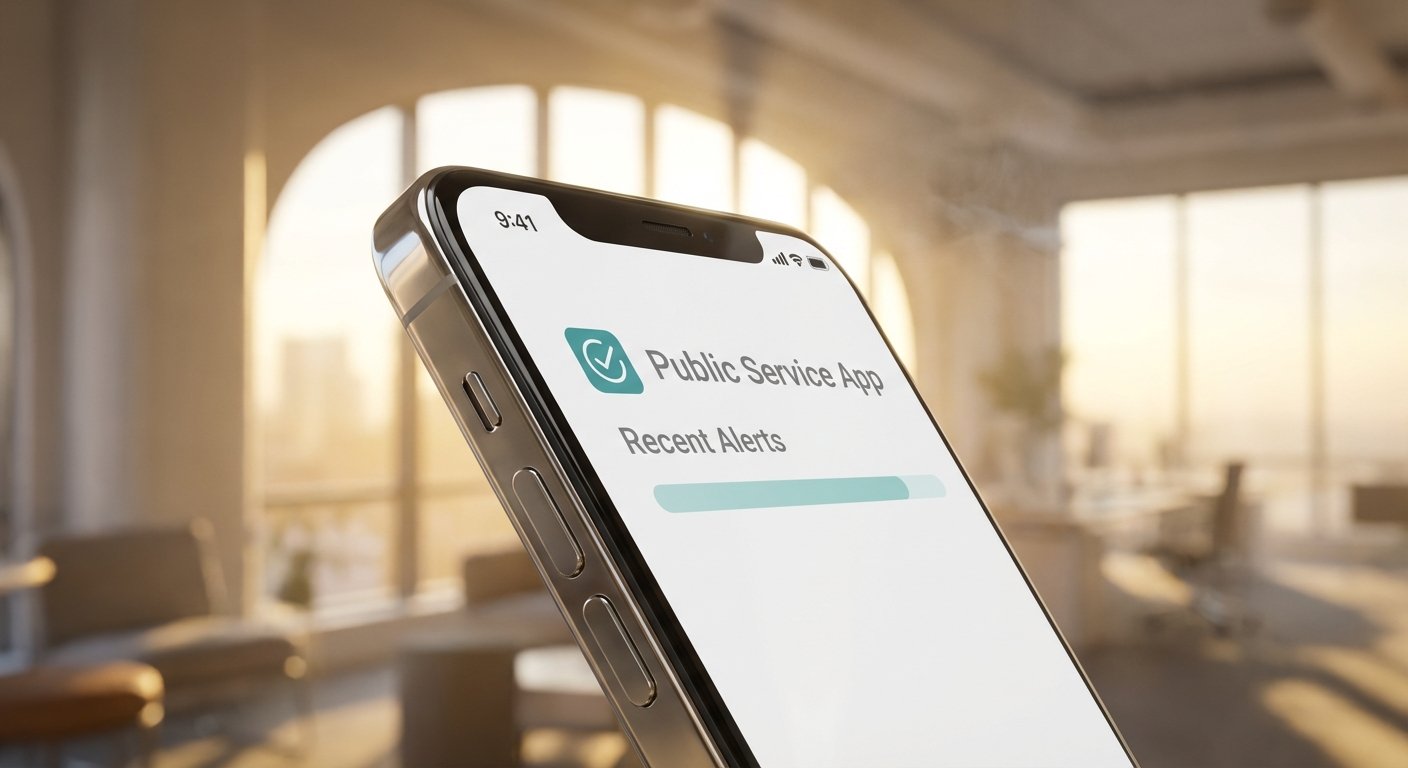 Primer plano de un smartphone mostrando la pantalla de una 'Public Service App' con 'Recent Alerts' y una barra de progreso, en una oficina moderna y soleada con grandes ventanales.} {