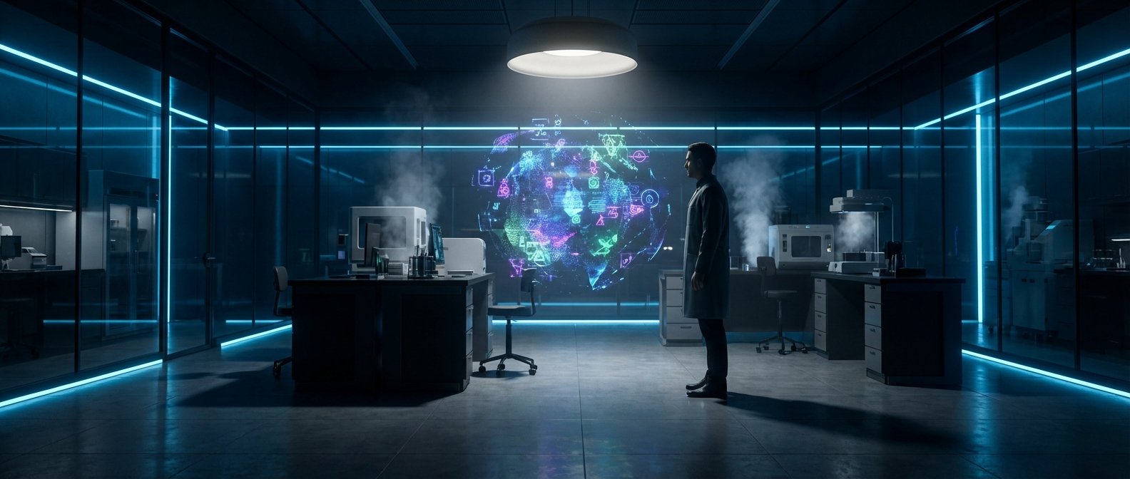 Un científico de perfil con bata de laboratorio observa una proyección holográfica vibrante de datos y símbolos en un laboratorio futurista. El espacio oscuro está iluminado por luces de neón azules en las paredes y el suelo, con equipo científico y humo en las mesas.