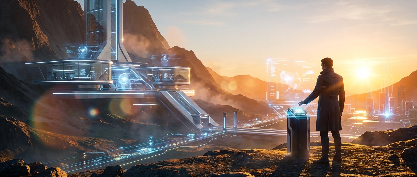 Un hombre de espaldas manipula una pantalla táctil holográfica que muestra datos y un mapa global. Se encuentra en un puesto de observación con vistas a un paisaje montañoso iluminado por un amanecer o atardecer dorado, donde se extiende una ciudad o base futurista con edificios de cristal, luces azules y estructuras conectadas.