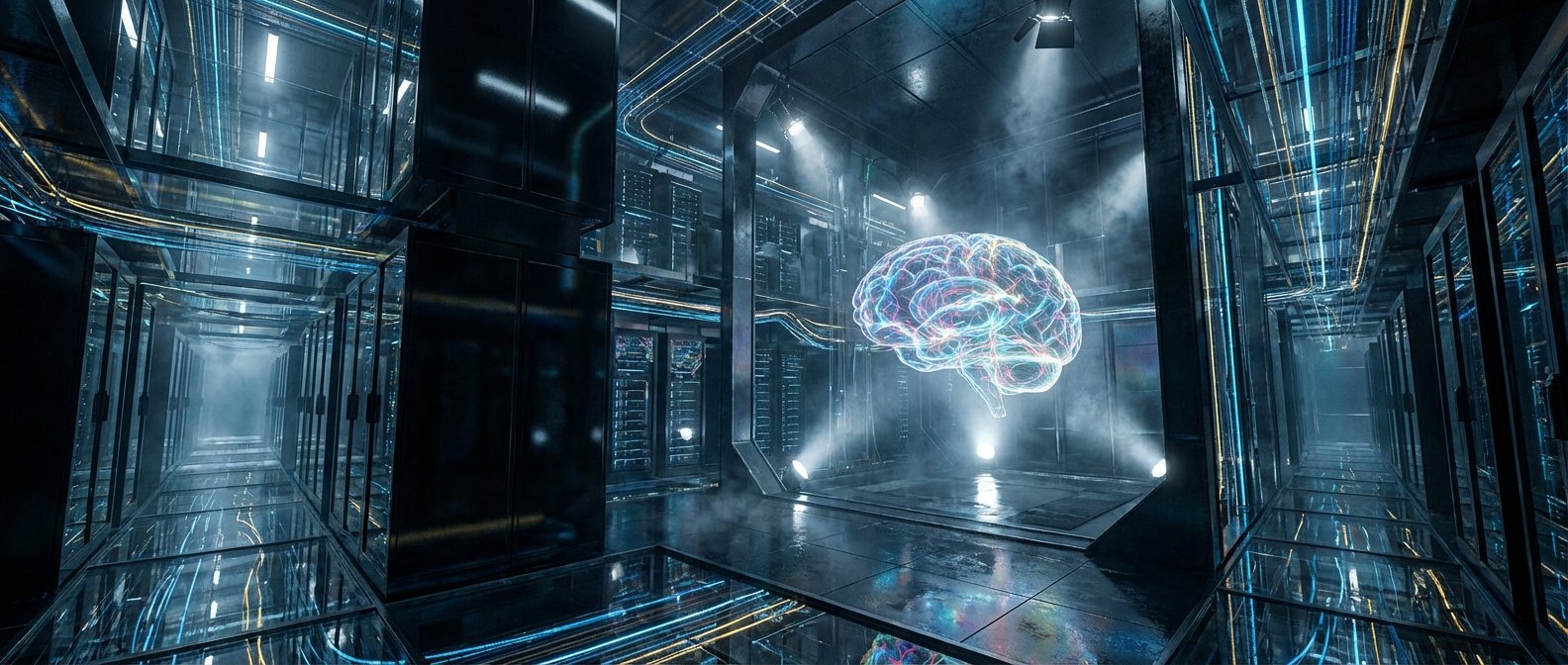 Un centro de datos futurista con pasillos de servidores, cables luminosos azules y amarillos, y un cerebro humano holográfico multicolor flotando en el centro de la sala.