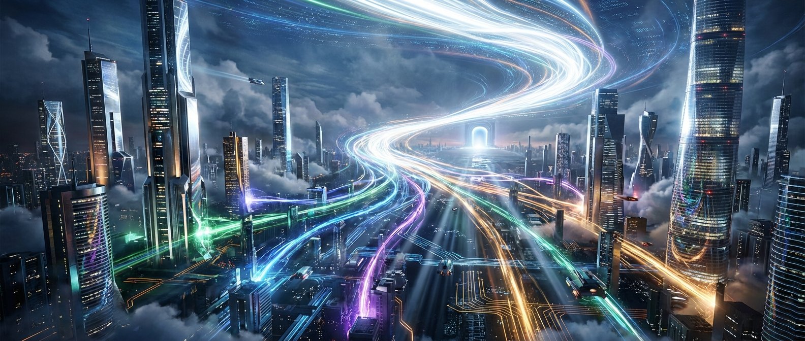 Una ciudad futurista con rascacielos altos emergiendo de las nubes, senderos de energía luminosa de colores vibrantes atravesando el paisaje urbano y vehículos voladores, convergiendo hacia un portal brillante en la distancia.