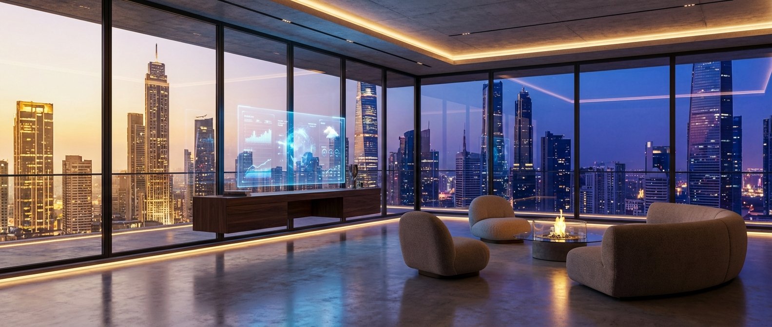 Interior de un apartamento de lujo con ventanales que ofrecen vistas panorámicas a un skyline urbano durante el atardecer y la noche. Hay una pantalla transparente que muestra gráficos holográficos, un mueble bajo de madera y tres sillones modernos de color beige alrededor de una mesa de centro con una chimenea.