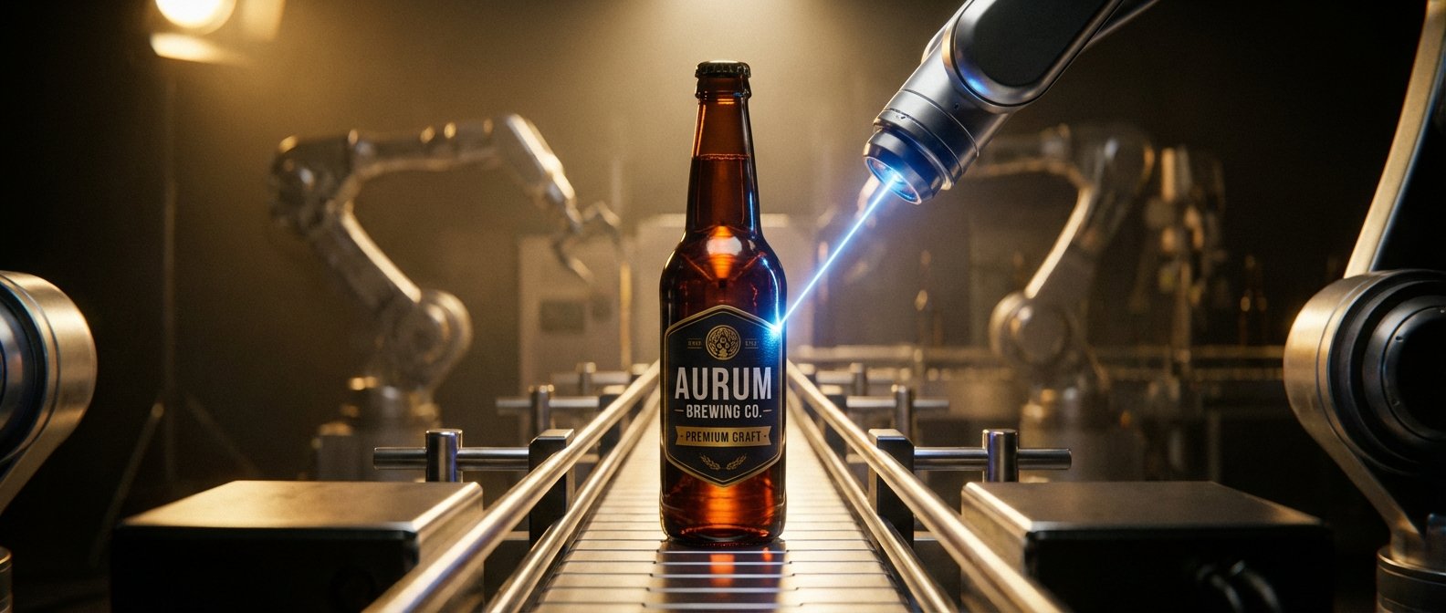 Botella de cerveza Aurum Brewing Co. Premium Craft en una cinta transportadora, siendo inspeccionada por un láser azul emitido por un brazo robótico en una línea de producción de fábrica.