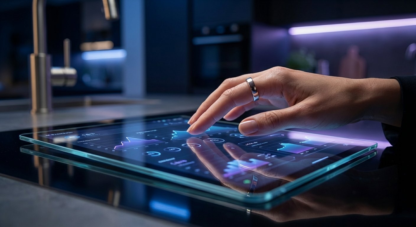 Mano de una persona con un anillo plateado tocando una tableta transparente que muestra gráficos y datos digitales en una cocina moderna.